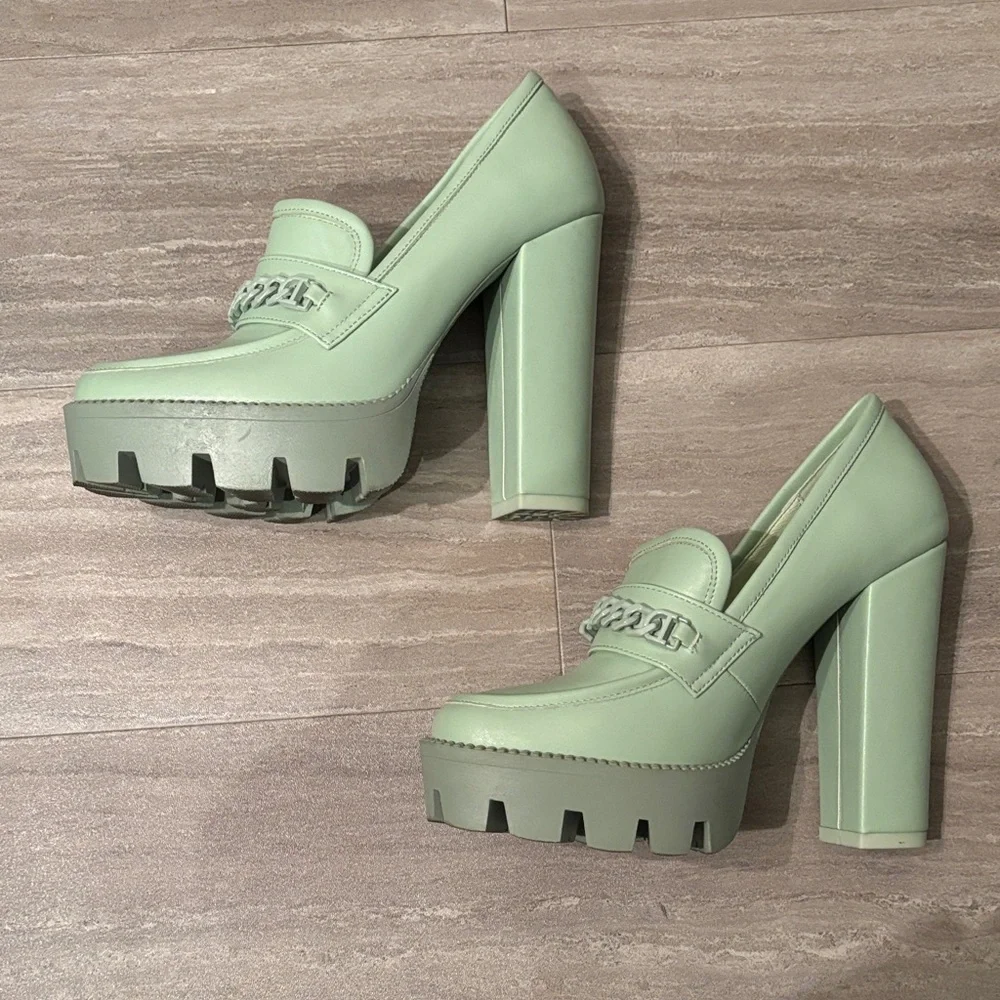 Rag & Co Mint Green Chunky Heel Platform Loafers